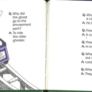 May include: A cartoon illustration of a ghost riding a roller coaster labeled "Roller Ghaster." The ghost is white with a surprised expression. Text on the page includes a series of jokes and answers about ghosts, owls, goblins, and witches.