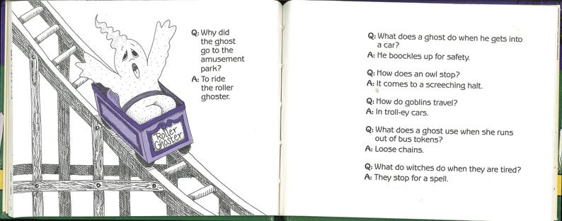 May include: A cartoon illustration of a ghost riding a roller coaster labeled "Roller Ghaster." The ghost is white with a surprised expression. Text on the page includes a series of jokes and answers about ghosts, owls, goblins, and witches.