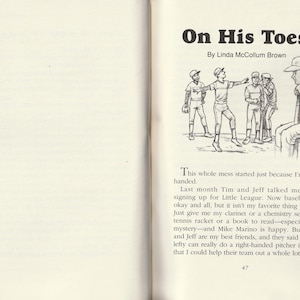 May include: An open book with the title "On His Toes" and an illustration of a baseball team. The text is by Linda McCollum Brown. The illustration shows a baseball team with a player sitting on a bench.