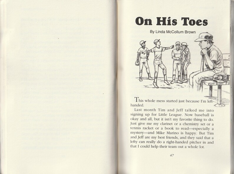 May include: An open book with the title "On His Toes" and an illustration of a baseball team. The text is by Linda McCollum Brown. The illustration shows a baseball team with a player sitting on a bench.