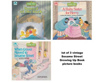 3 vintage Sesame Street Growing Up Book preschool childrens picture books, preschooler, Bert and Ernie, Grover, scared of the dark, moving