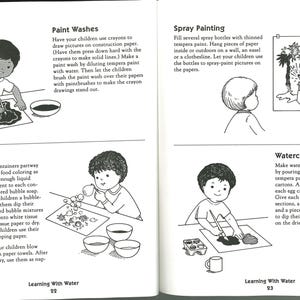 May include: A page from a children's activity book titled "Learning With Water" showing illustrations of art projects. The projects include paint washes, spray painting, bubble art, and watercolor painting. Each illustration shows a child engaged in the activity.