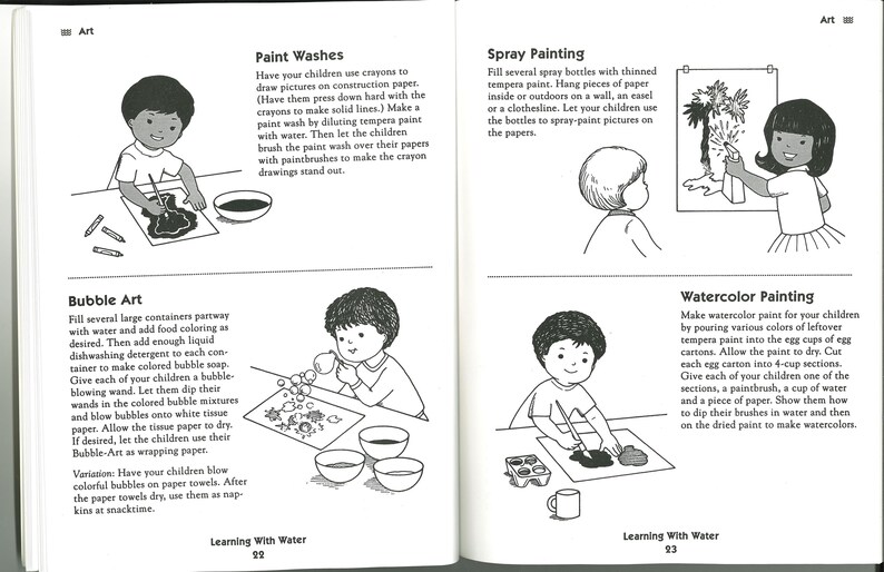 May include: A page from a children's activity book titled "Learning With Water" showing illustrations of art projects. The projects include paint washes, spray painting, bubble art, and watercolor painting. Each illustration shows a child engaged in the activity.