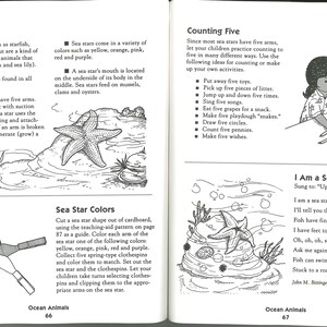 May include: Black and white illustrations from a children's book about sea stars. One page details facts about sea stars, including their five arms and suction disks. The facing page shows children counting and a poem about sea stars.