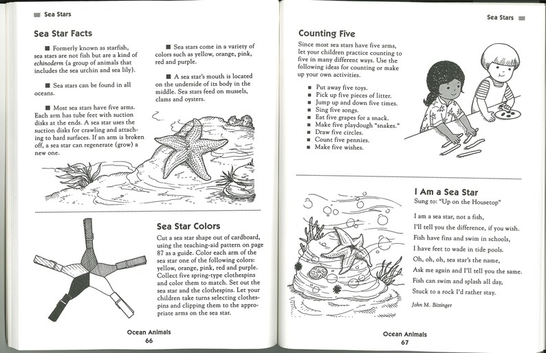 May include: Black and white illustrations from a children's book about sea stars. One page details facts about sea stars, including their five arms and suction disks. The facing page shows children counting and a poem about sea stars.