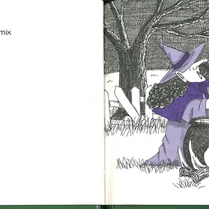 May include: A whimsical illustration from a children's book depicts a witch and a purple dinosaur near a cauldron over a fire. The witch, wearing a purple hat, stirs the brew. The text on the left side poses Halloween-themed questions and answers.