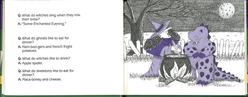 May include: A whimsical illustration from a children's book depicts a witch and a purple dinosaur near a cauldron over a fire. The witch, wearing a purple hat, stirs the brew. The text on the left side poses Halloween-themed questions and answers.