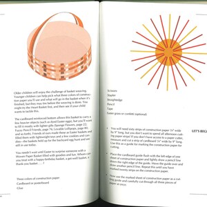 May include: A woven paper basket illustration with a handle, featuring a woven design in shades of peach and brown. The image is from a craft book, showcasing a DIY project for children.