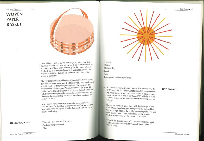 May include: A woven paper basket illustration with a handle, featuring a woven design in shades of peach and brown. The image is from a craft book, showcasing a DIY project for children.