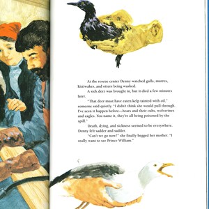 May include: Illustration from a children's book featuring a black bird with yellow plumage and a white and brown bird with an open beak. The text describes a rescue center and the impact of an oil spill on wildlife.