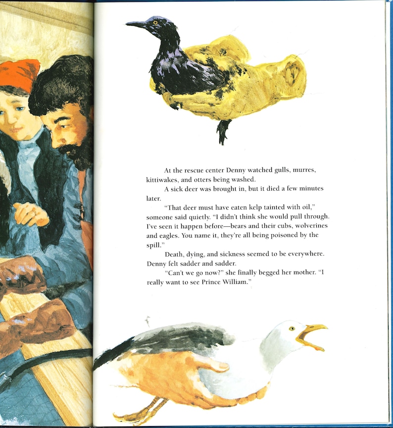 May include: Illustration from a children's book featuring a black bird with yellow plumage and a white and brown bird with an open beak. The text describes a rescue center and the impact of an oil spill on wildlife.