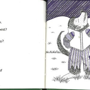 May include: A children's book spread with a Halloween theme. On the left, text poses questions and answers about Halloween. On the right, two cartoon werewolves sing under a full moon. The werewolves wear striped pants and mittens.