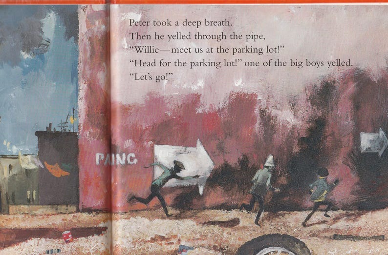 K&ouml;nnte beinhalten: Eine farbenfrohe Illustration von Kindern, die in einer Stra&szlig;enszene spielen. Die Illustration zeigt ein rotes Backsteingeb&auml;ude mit einem wei&szlig;en Schild, auf dem "PAING" steht. Es sind drei Kinder in der Illustration, von denen eines durch ein Rohr schreit. Der Text in der Illustration lautet: "Peter holte tief Luft. Dann schrie er durch das Rohr: "Willie, triff uns am Parkplatz!" "Ab zum Parkplatz!" schrie einer der gro&szlig;en Jungs. "Los geht's!"