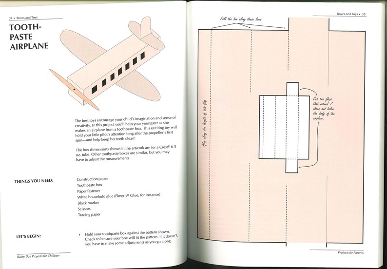 May include: A page from a children's craft book shows instructions for making a toothpaste airplane. The illustration features a light-colored airplane with black window details and a propeller. Text includes a list of needed materials.
