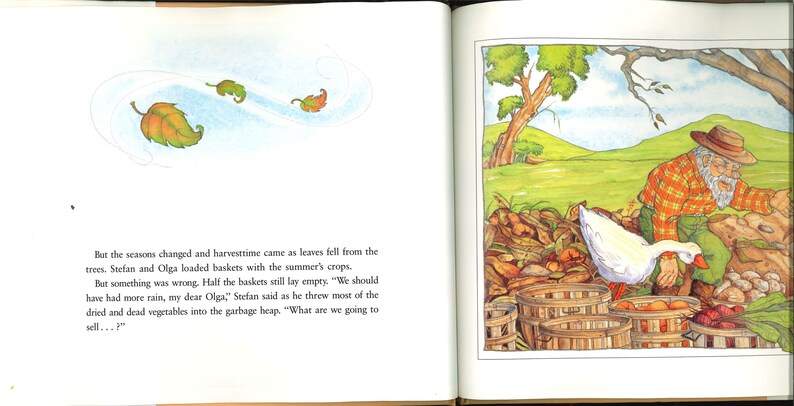 May include: A colourful illustration from a children's book shows a farmer in a checked shirt and hat, examining a harvest with a goose. Baskets of vegetables are in the foreground. Leaves blow on the opposite page.