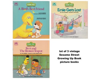 3 vintage Sesame Street Growing Up Book preschool childrens picture books, preschooler, Bert and Ernie, Big Bird, Barkley dog, new pet, lost