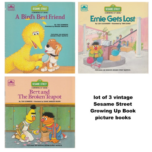 3 vintage Sesame Street Growing Up Book preschool childrens picture books, preschooler, Bert and Ernie, Big Bird, Barkley dog, new pet, lost