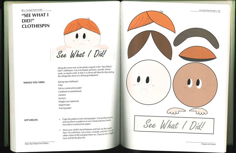 May include: Open book page with the title "See What I Did!" and instructions for a clothespin craft. Includes illustrations of craft elements like hair, mustaches, and faces. The page also lists the materials needed for the project.