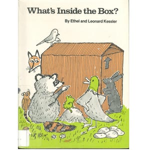 May include: A children's book cover titled "What's Inside the Box?" features a cartoon illustration. A raccoon, duck, rabbit, and other animals gather around a brown box. The cover is set on a green background.
