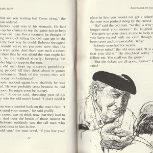 May include: Black and white illustration from a book, depicting an older man wearing a beret and a younger person wearing a cap. The older man is holding something in his hand, possibly money or tickets. Text on the pages describes a soccer game.