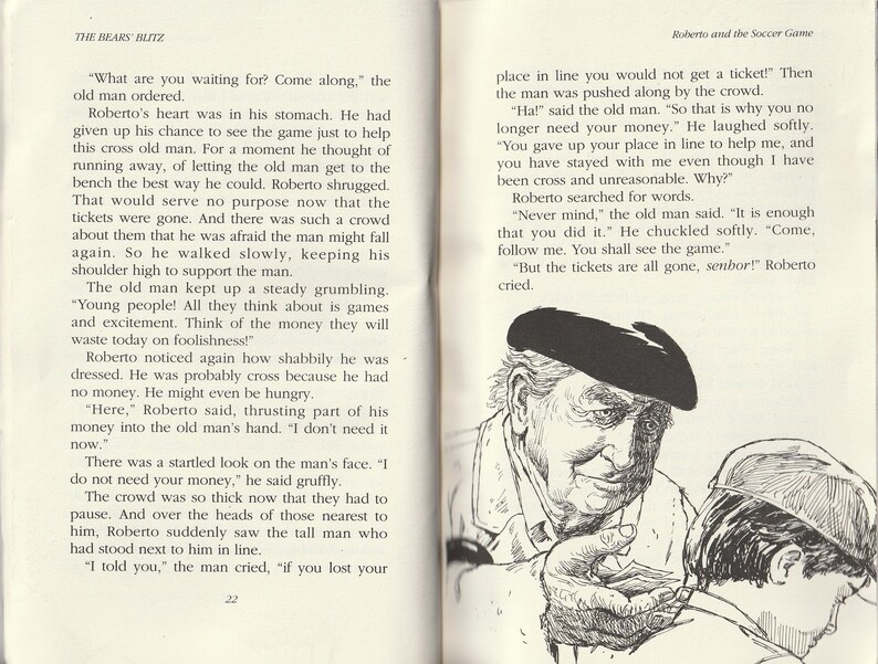 May include: Black and white illustration from a book, depicting an older man wearing a beret and a younger person wearing a cap. The older man is holding something in his hand, possibly money or tickets. Text on the pages describes a soccer game.