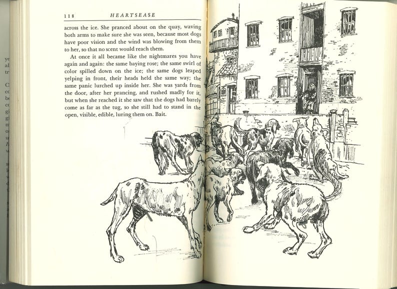 May include: An open book with a black and white illustration of several dogs in a courtyard. The dogs are of various breeds, some with spots. A building with windows and a balcony is in the background. Text on the page reads "HEARTSEASE".