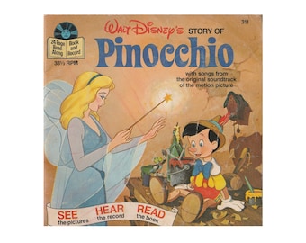 vintage Walt Disney book and record childrens picture book Story of Pinocchio, 33 1/3 rpm vinyl, Disneyland record, fairytale, fairy tale