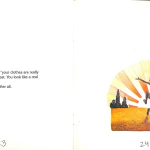 May include: A book page spread featuring text on the left and an illustration on the right. The text reads: "Ronald," said Elizabeth, "your clothes are really pretty and your hair is very neat. You look like a real prince, but you are a bum." They didn't get married after all. The illustration shows a silhouette of a person jumping against a yellow and orange sunburst background with small dark trees on a golden field.