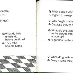 May include: A children's book spread with Halloween-themed jokes and illustrations. One page shows a ghost in a bathtub with a shower cap, while the other features a ghost tangled in chains. Text includes jokes and answers.