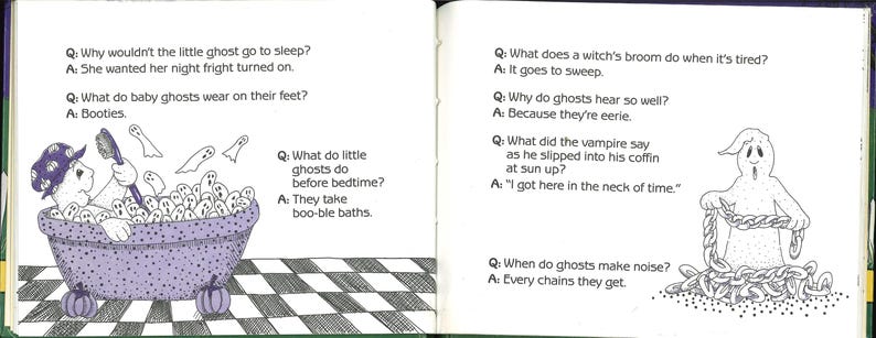 May include: A children's book spread with Halloween-themed jokes and illustrations. One page shows a ghost in a bathtub with a shower cap, while the other features a ghost tangled in chains. Text includes jokes and answers.