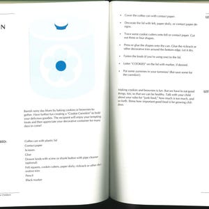 May include: A page from a children's craft book shows instructions for a cookie cannister. The illustration shows a blue and white decorated coffee can. Text includes the title "Cookie Cannikin" and a list of supplies.