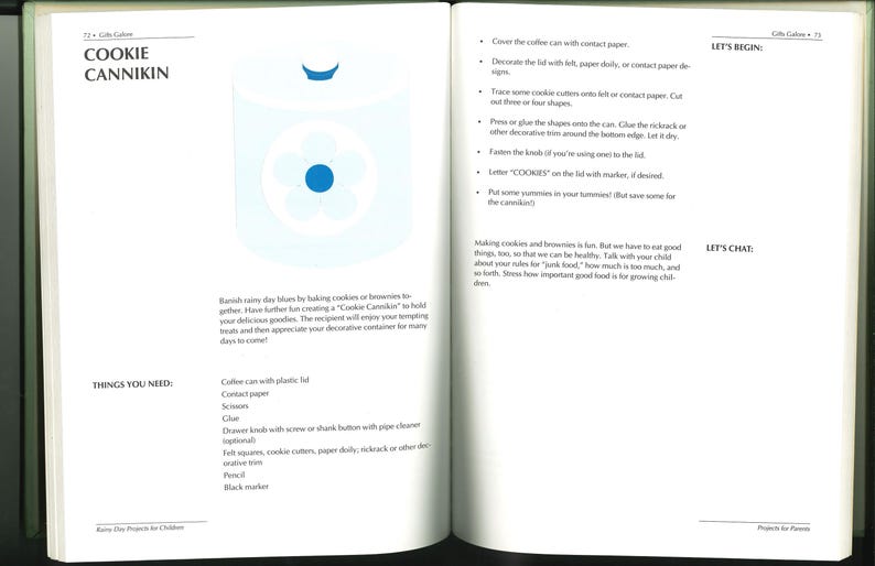 May include: A page from a children's craft book shows instructions for a cookie cannister. The illustration shows a blue and white decorated coffee can. Text includes the title "Cookie Cannikin" and a list of supplies.