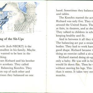 May include: An illustrated book page with text and a drawing of acrobats. The title "King of the Sit-Ups" is displayed above the text. The text describes Richard Knecht and his family's acrobatics.