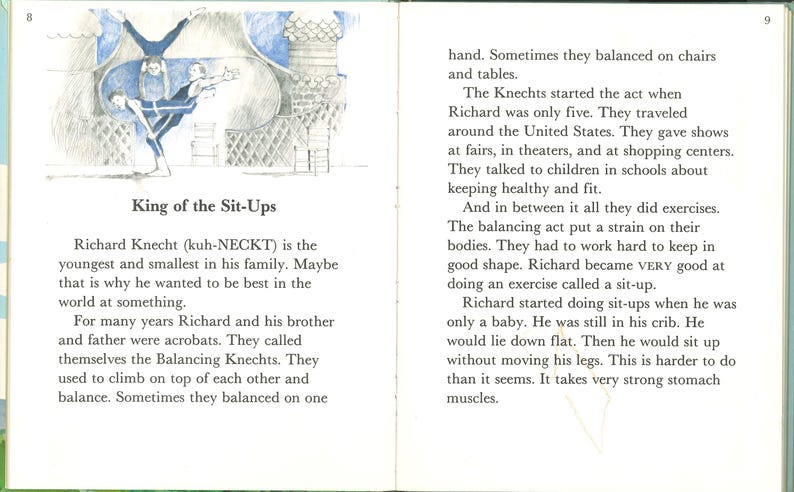 May include: An illustrated book page with text and a drawing of acrobats. The title "King of the Sit-Ups" is displayed above the text. The text describes Richard Knecht and his family's acrobatics.