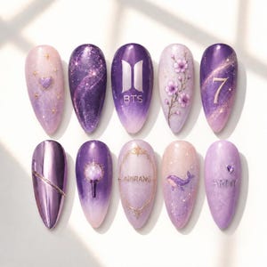 Purple Galaxy BTS Press On Nails, Cute Whale Kpop Fake Nails, Cherry Blossom Army Fandom Custom Acrylic Nails, Borahae Aesthetic