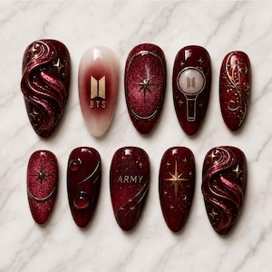Dark Burgundy BTS Press On Nails, 3D Gold Swirl Galaxy Fake Nails, Kpop Army Fandom Custom Acrylic Nails, Elegant Red Stiletto Nails