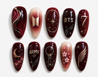 Red BTS Press on Nails | Kpop Army Bomb Fake Nails | Custom Burgundy Gold 3D Nail Art | Elegant Acrylic False Nails Glue on | Kpop Fan Gift