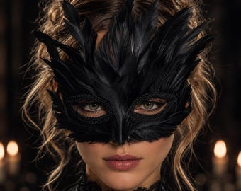 Black Feather Masquerade Mask, Handmade Venetian Raven Mask for Women, Lace Trim, for Halloween, Wedding, Prom, Gothic Party Accessory