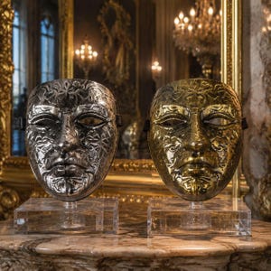 May include: Two full-face masks, one in a metallic silver finish and one in a metallic gold finish, each featuring an intricate embossed floral pattern across the surface. Both masks are mounted on clear acrylic stands for display purposes.