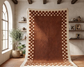 Brown Moroccan Rug Handmade | Terracotta Wool Rug Custom Berber Rug Neutral Area Rug Modern Moroccan Carpet Boho Living Room Rug