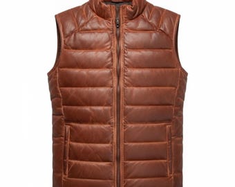 Chaleco acolchado de cuero genuino marrón para hombre, sin mangas, para invierno.