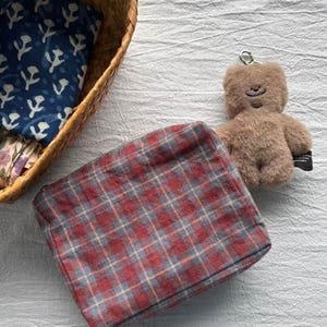 Handmade Red Plaid Linen Travel Makeup Bag, Artisanal Vintage Storage Pouch for Women, Unique Textured Cosmetic Case