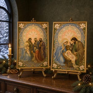 May include: Two rectangular framed art prints on gold stands. The left print depicts the Adoration of the Magi with figures in robes. The right print shows the Nativity scene with a central infant, parents, and animals, both featuring floral borders.