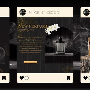 May include: An advertisement for Midnight Crown perfume. The image features a black perfume bottle with a black cap, white flowers, and the text "NEW PERFUME, SUMMER SCENT". The background is dark with smoke effects and gold accents.
