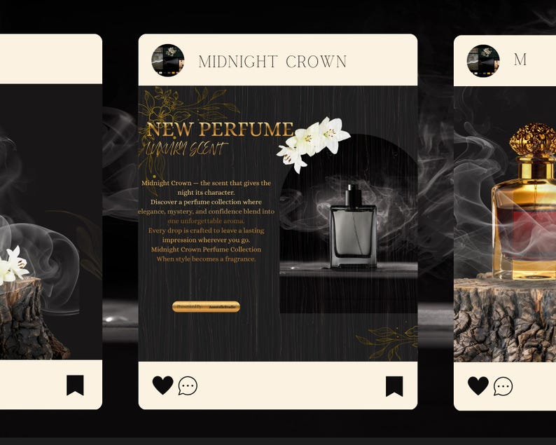 May include: An advertisement for Midnight Crown perfume. The image features a black perfume bottle with a black cap, white flowers, and the text "NEW PERFUME, SUMMER SCENT". The background is dark with smoke effects and gold accents.