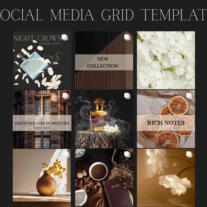 May include: A social media grid template featuring nine squares with various images. The top row includes a perfume bottle with the text "NIGHT CROWN LUXURY SCENT", a design with the text "NEW COLLECTION", and white flowers. The middle row shows a building and a perfume bottle. The bottom row has a vase, coffee, and flowers.