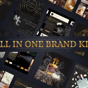 May include: A promotional image featuring a collection of marketing materials for a perfume brand. The design includes business cards, social media mockups, and product shots. The text "ALL IN ONE BRAND KIT" is prominently displayed in gold lettering.