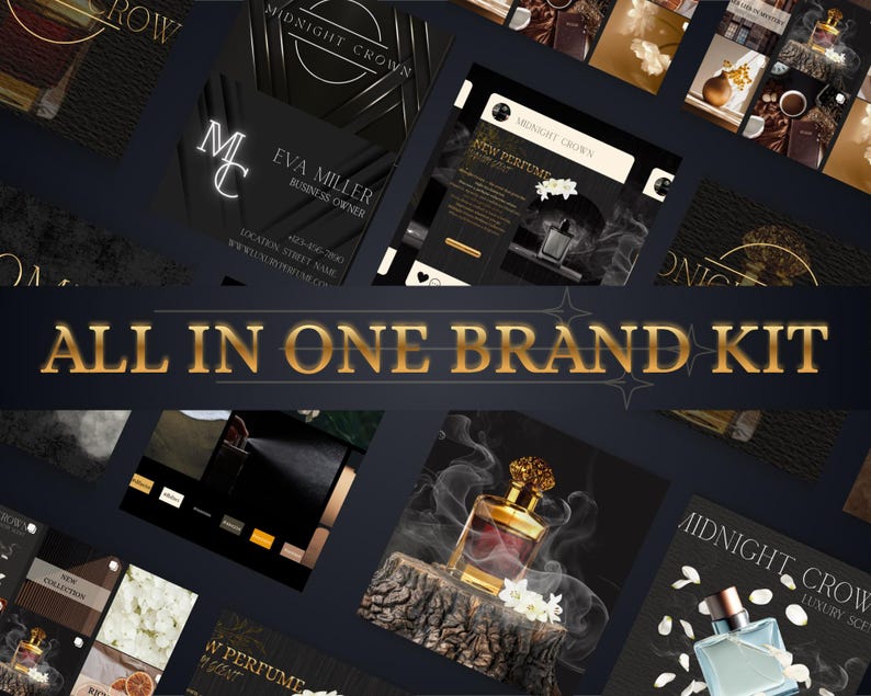 May include: A promotional image featuring a collection of marketing materials for a perfume brand. The design includes business cards, social media mockups, and product shots. The text "ALL IN ONE BRAND KIT" is prominently displayed in gold lettering.