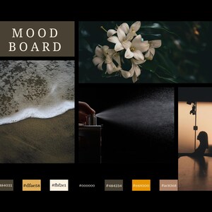 May include: A mood board with a dark aesthetic. It features images of ocean waves, white flowers, a perfume bottle spraying, and a silhouette of a person. The text "MOOD BOARD" is at the top. Color swatches are at the bottom.