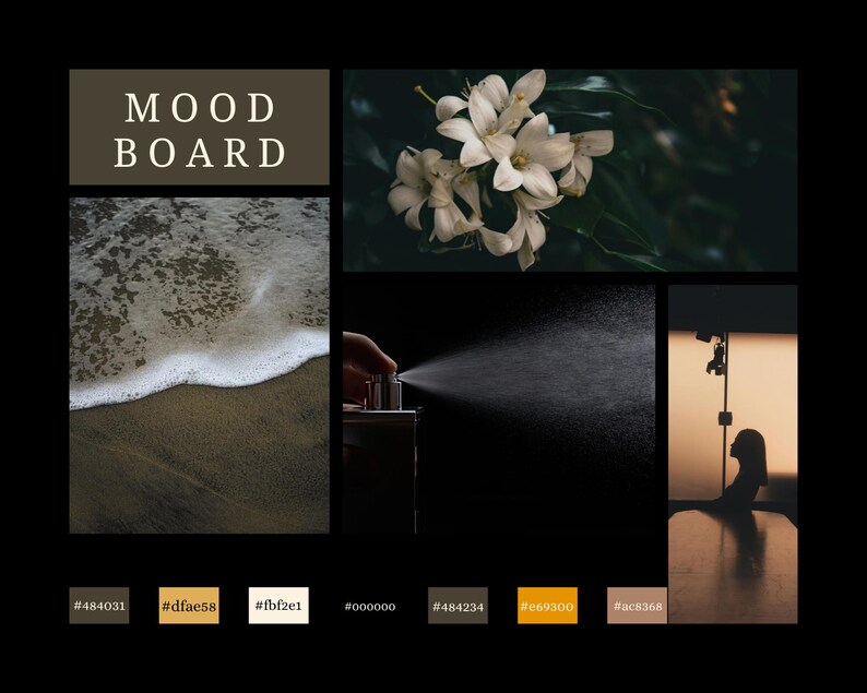 May include: A mood board with a dark aesthetic. It features images of ocean waves, white flowers, a perfume bottle spraying, and a silhouette of a person. The text "MOOD BOARD" is at the top. Color swatches are at the bottom.